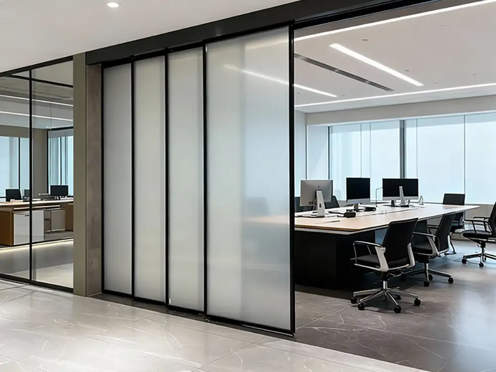 Aluminum Frame 4 Panel Sliding Partition Wall Black Glass Sliding Door