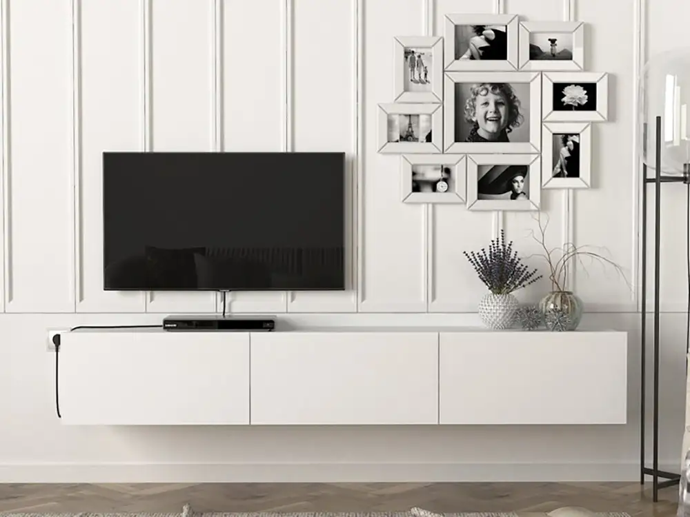 White Three Drawers Wooden Wall Mounted TV Cabinet